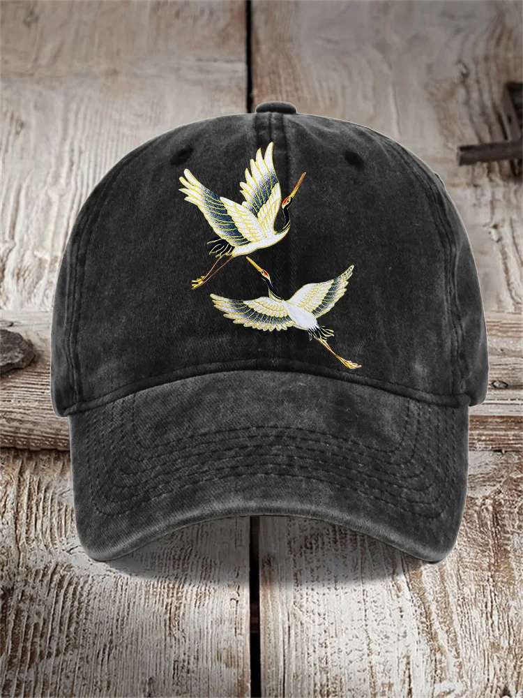 Japanese Flying Cranes Embroidered Washed Cap