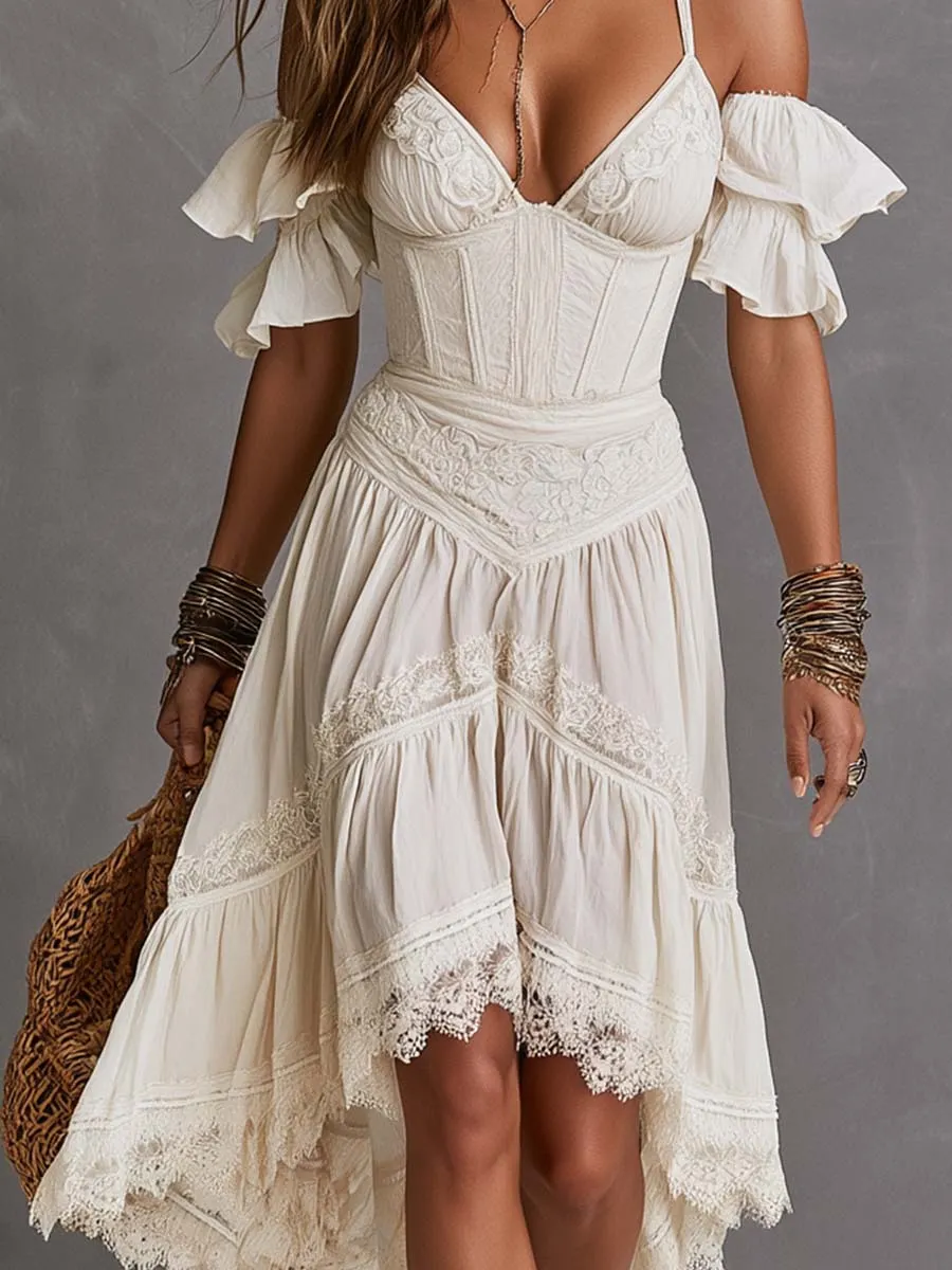 Detalhe do vestido boho - renda e ombro a ombro