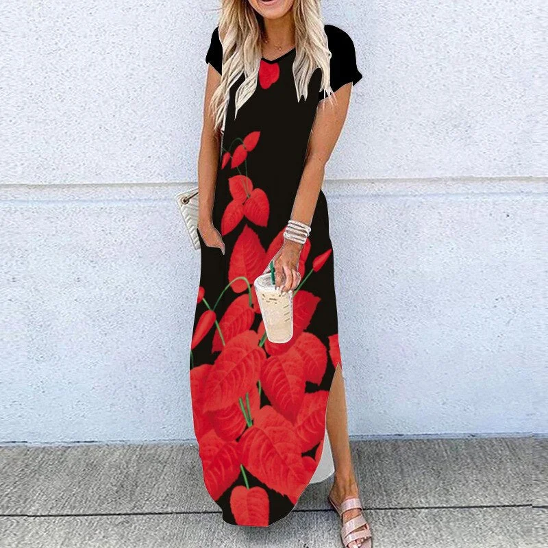 2020 Summer New Fashion Striped Strapless Dress Loose Round Neck Short Sleeve Long Dress Casual Elegant Moon Star Printing Dress