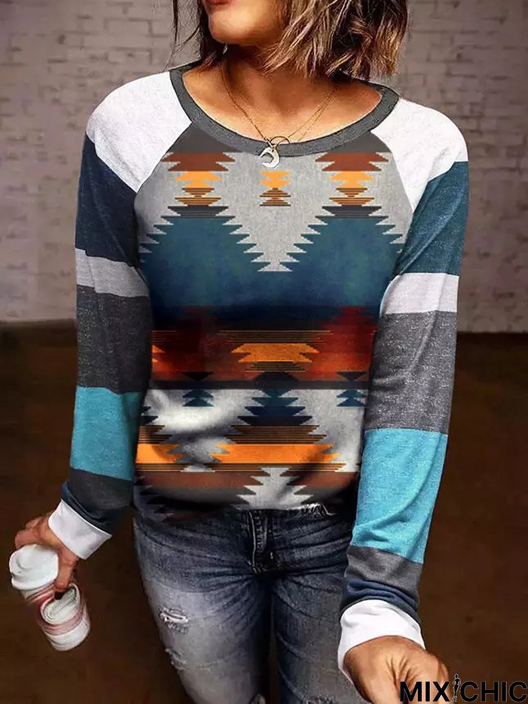 Geometric Printed Round Neck Loosen Casual West Styles/Cows Top