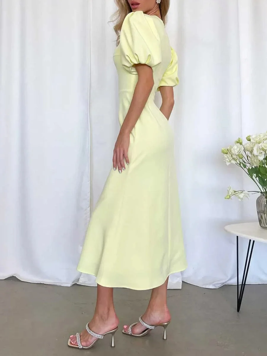 Simple High Waist Puff Sleeve Midi Dress