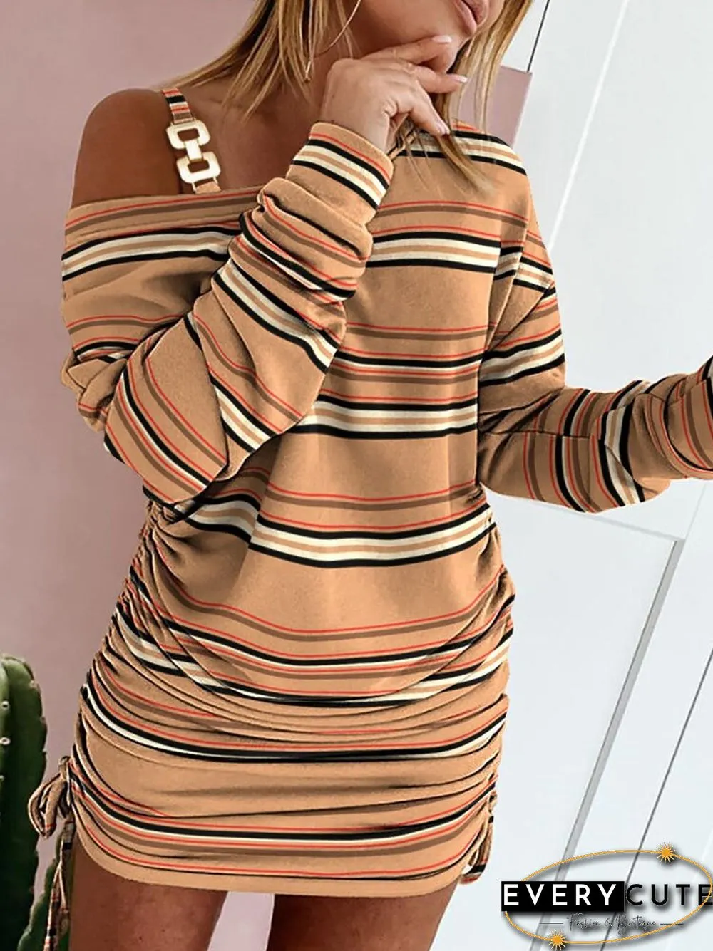 Fashion Pattern Print Drawstring Mini Dress Women Sexy Diagonal Collar Chain Pleated Party