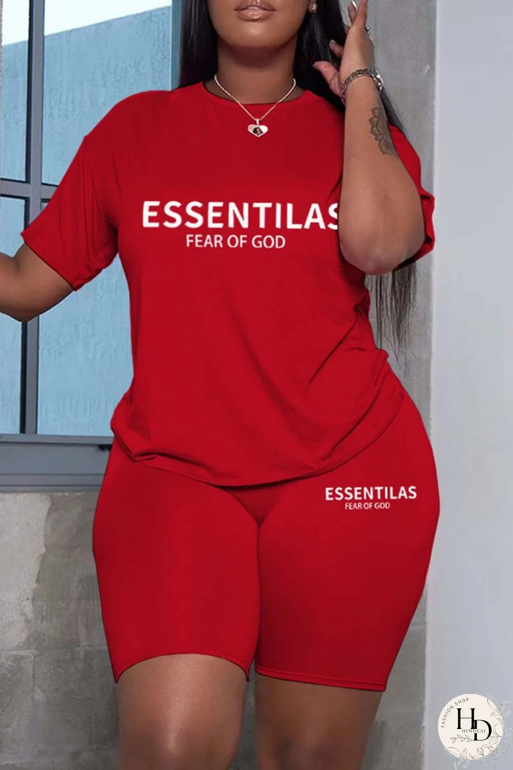 Red Casual Letter Print Solid Basic O Neck Short Sleeve Two Pieces