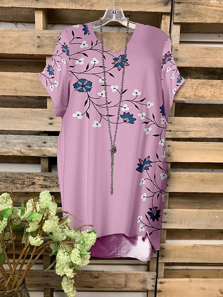 Rose Blue Floral Short Sleeve Scoop Neck Short Sleeve-Mayoulove