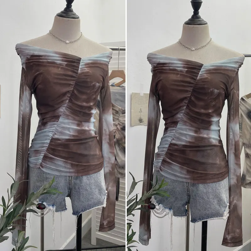 Uveng Real Shot Shoulder Tie-Dye Printing Mesh Hooded Design Long-Sleeved Irregular Folding Repair T-Shirt 9930