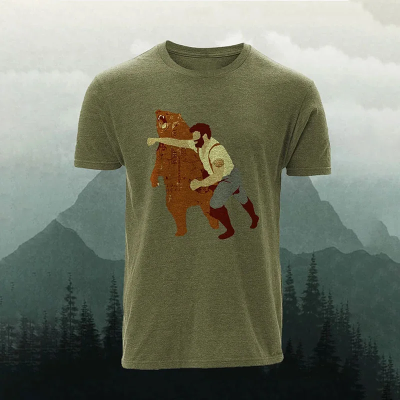 Man And Bear Dueling ArmyGreen Print T-Shirt