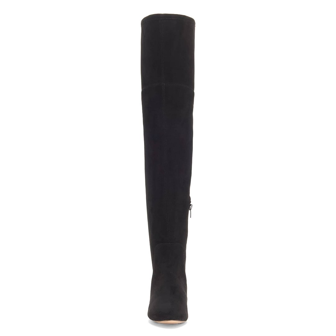 Tie Styling Vegan Suede Round Toe Block Heel Thigh High Boots in Black