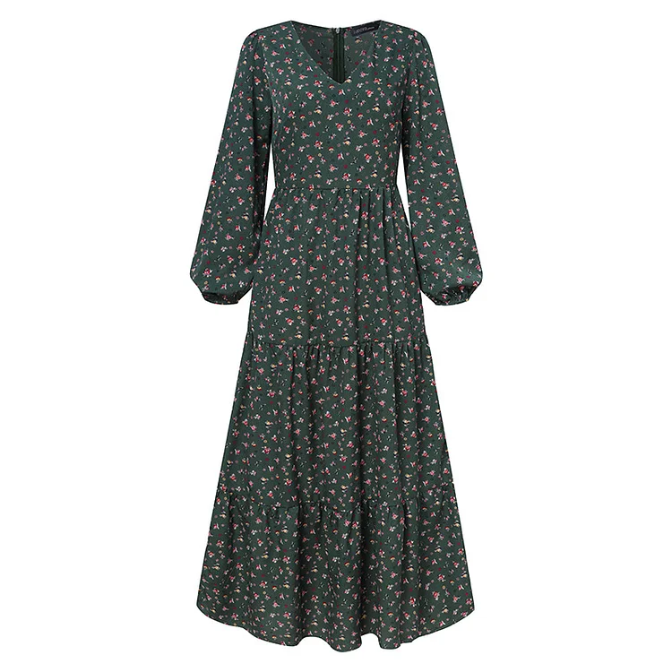 Bohemia Printed Long Sleeve V-Neck Maxi Dress