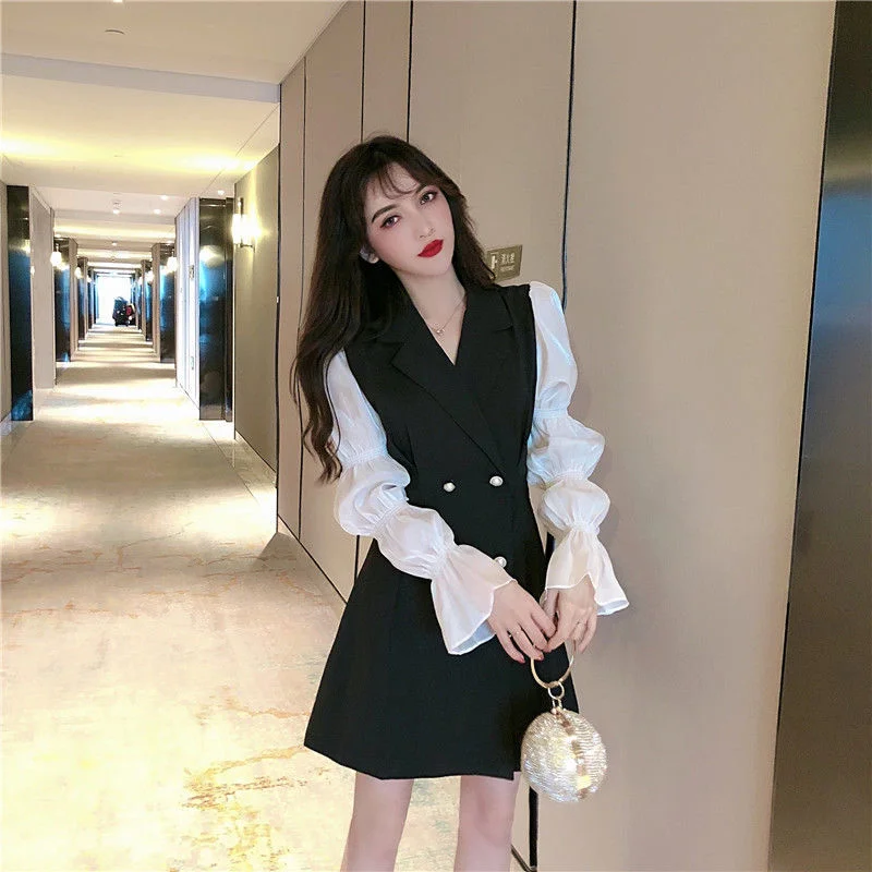 Long Puff Sleeve Dress Women Notched Office Ladies Elegant Patchwork Casual Ins Streetwear Double Breasted Fashion New Ulzzang