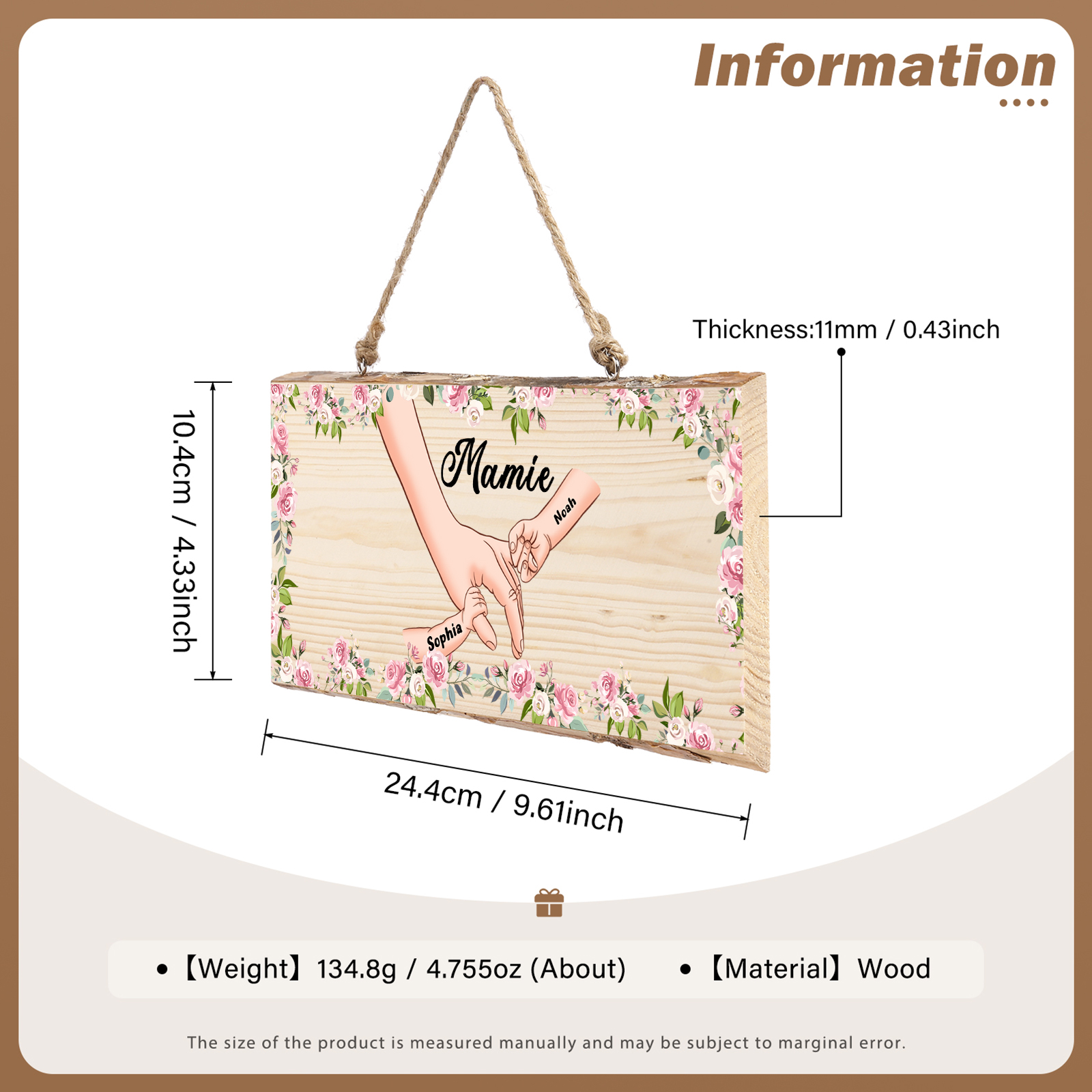 À ma Mamie - Décoration en bois la main dans la main 1-6 Prénoms Personnalisés pour Famille Peinture Décorative