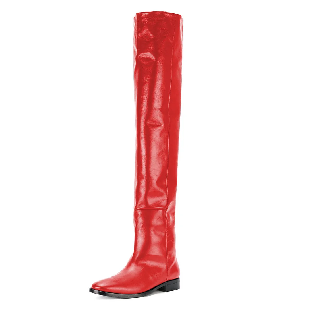 Vegan Leather Almond Toe Pull-On Thigh-High Sexy Boots in Red