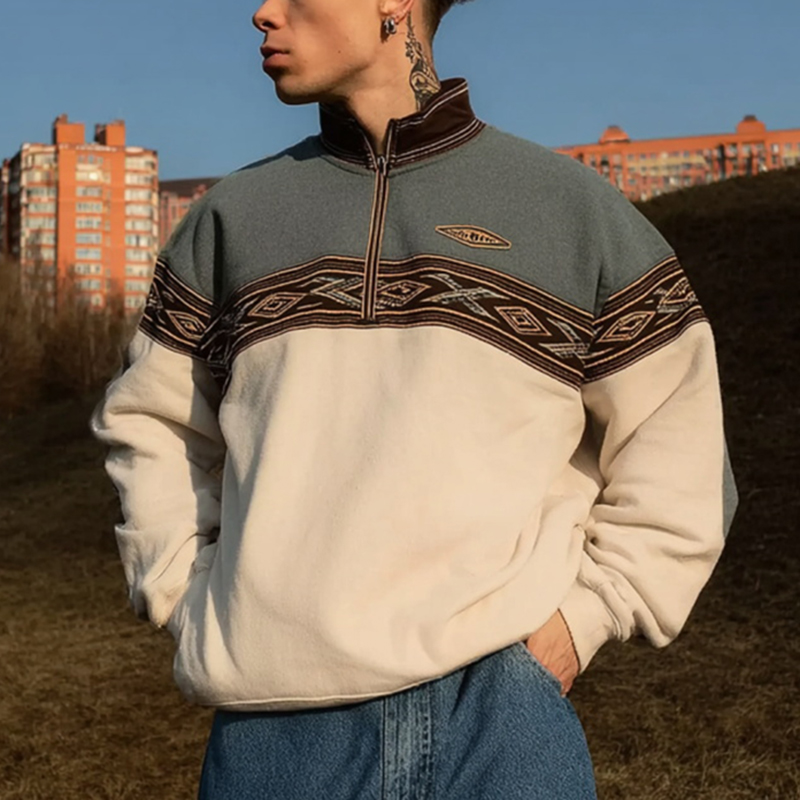 Men's Loose Casual Retro College Style Half-open Collar Stitching Printed Sweatshirt