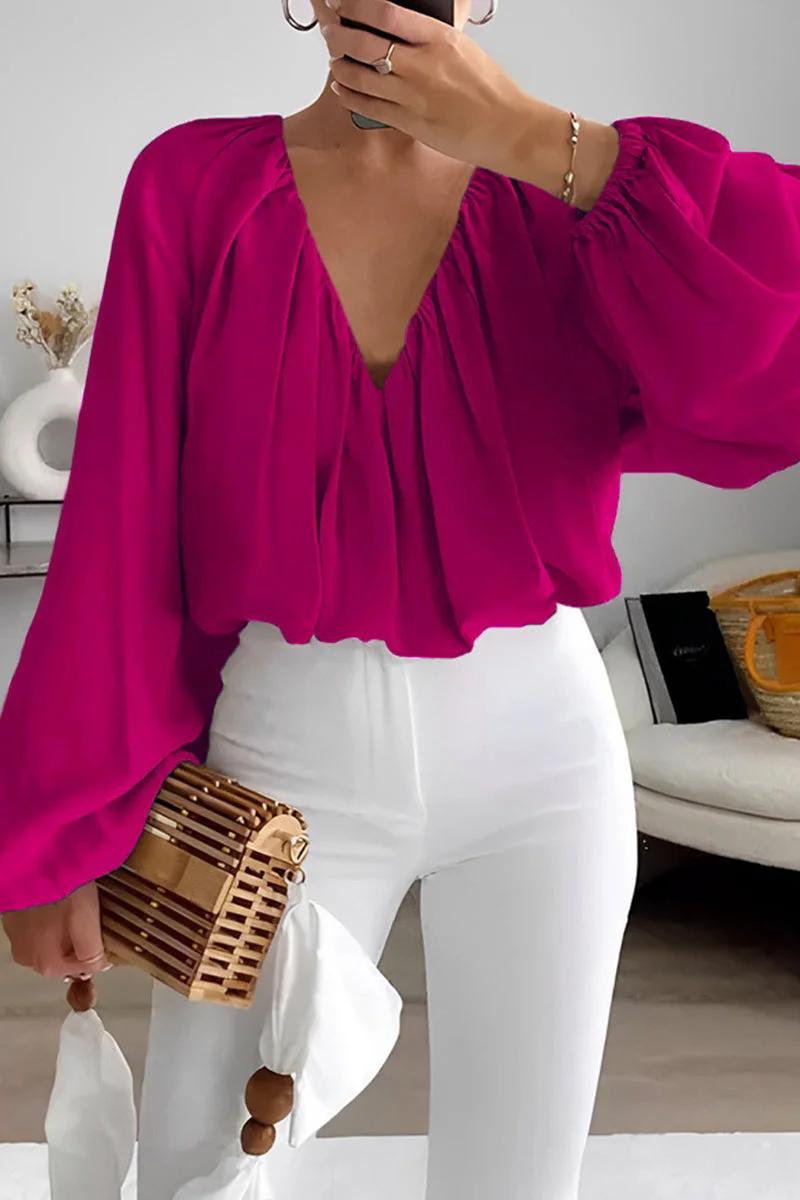 Solid Color Ruched V Neck Tops