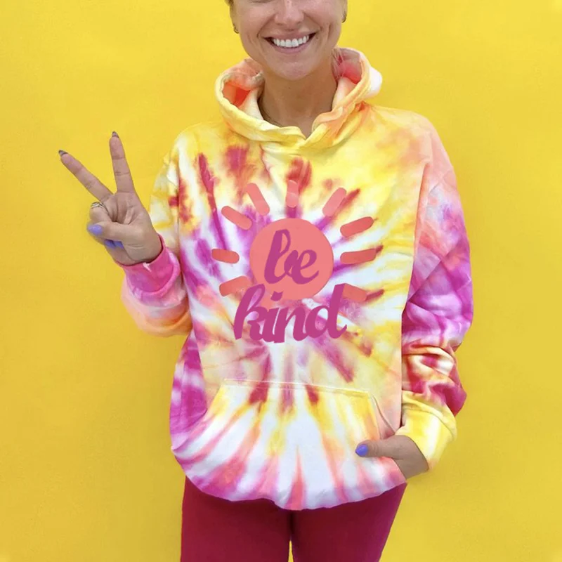 Be kind sun patterns orange tie-dye hoodie