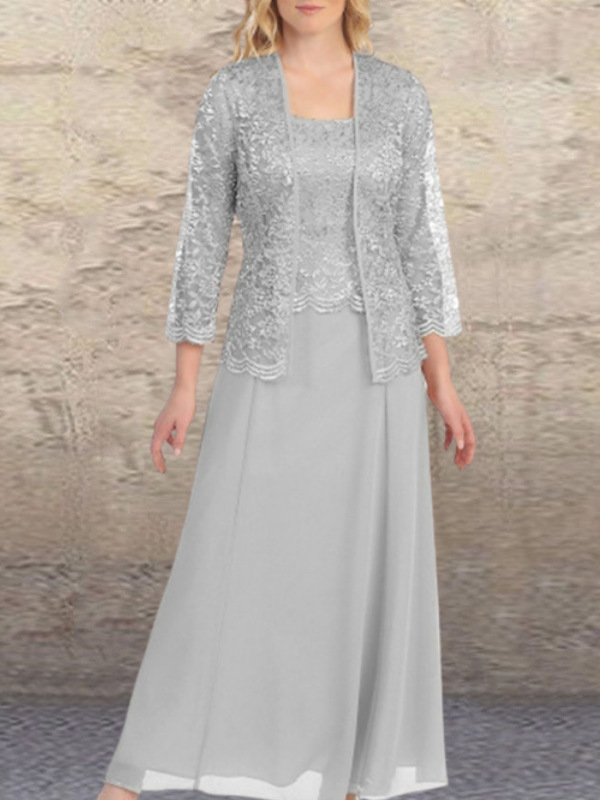 Solid Color Two Piece Lace Cardigan Chiffon Party Dress