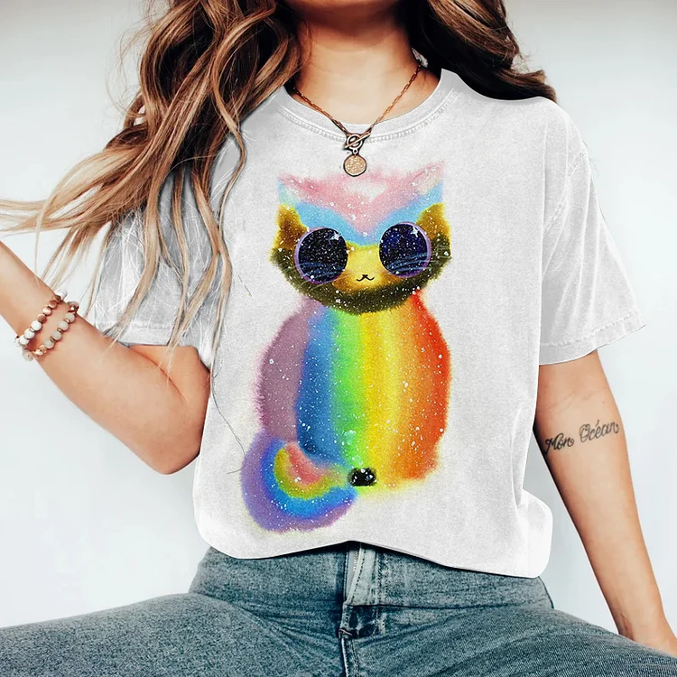 Utbros Women's Pride Color Cat Art Short Sleeve T-shirt
