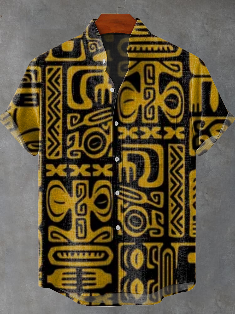 Vintage Abstract African Tribal Mask Totem Painting Art Print Casual 100% Cotton Shirt