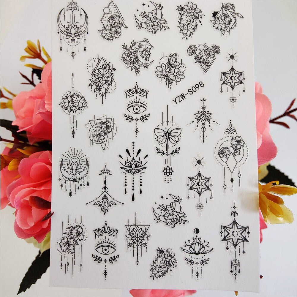 3D Nail Sticker Geometric Lotus Flowers Crystal Sliders For Nails Art Decoraciones Accesoires Butterfly Stickers on Fingernails