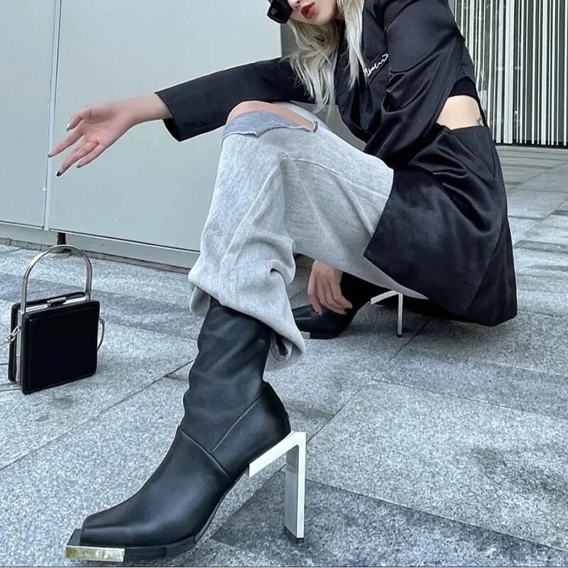 VCSHOES Female Stretch Boots Short Women Black Metal Heeled Pointed Toe Runway Street Style Ankle Boots Shoe Size 40