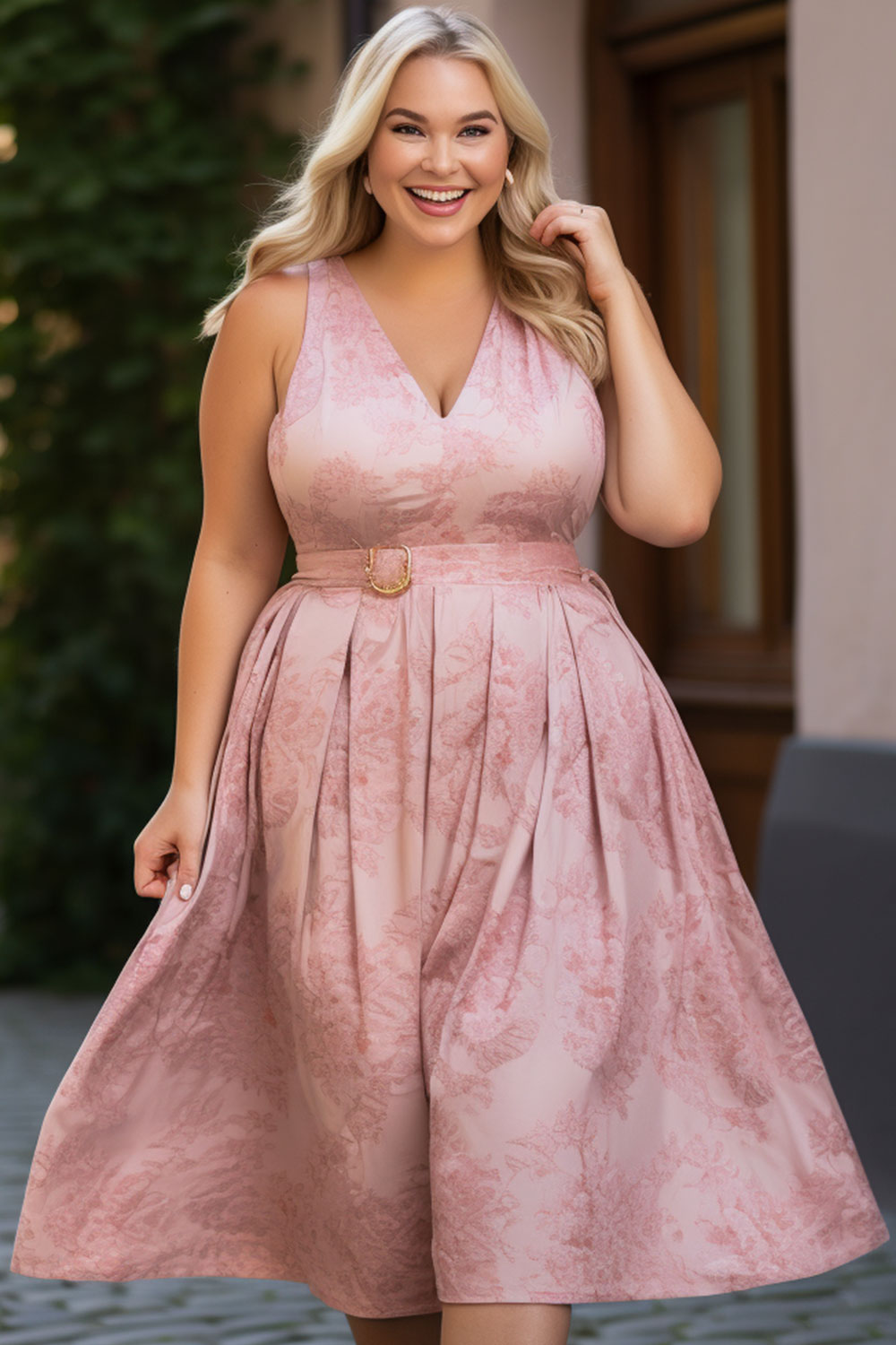 Flycurvy Plus Size Wedding Guest Pink Jacquard Sleeveless High Waist Pleated Midi Dress 2024 - Flycurvy 