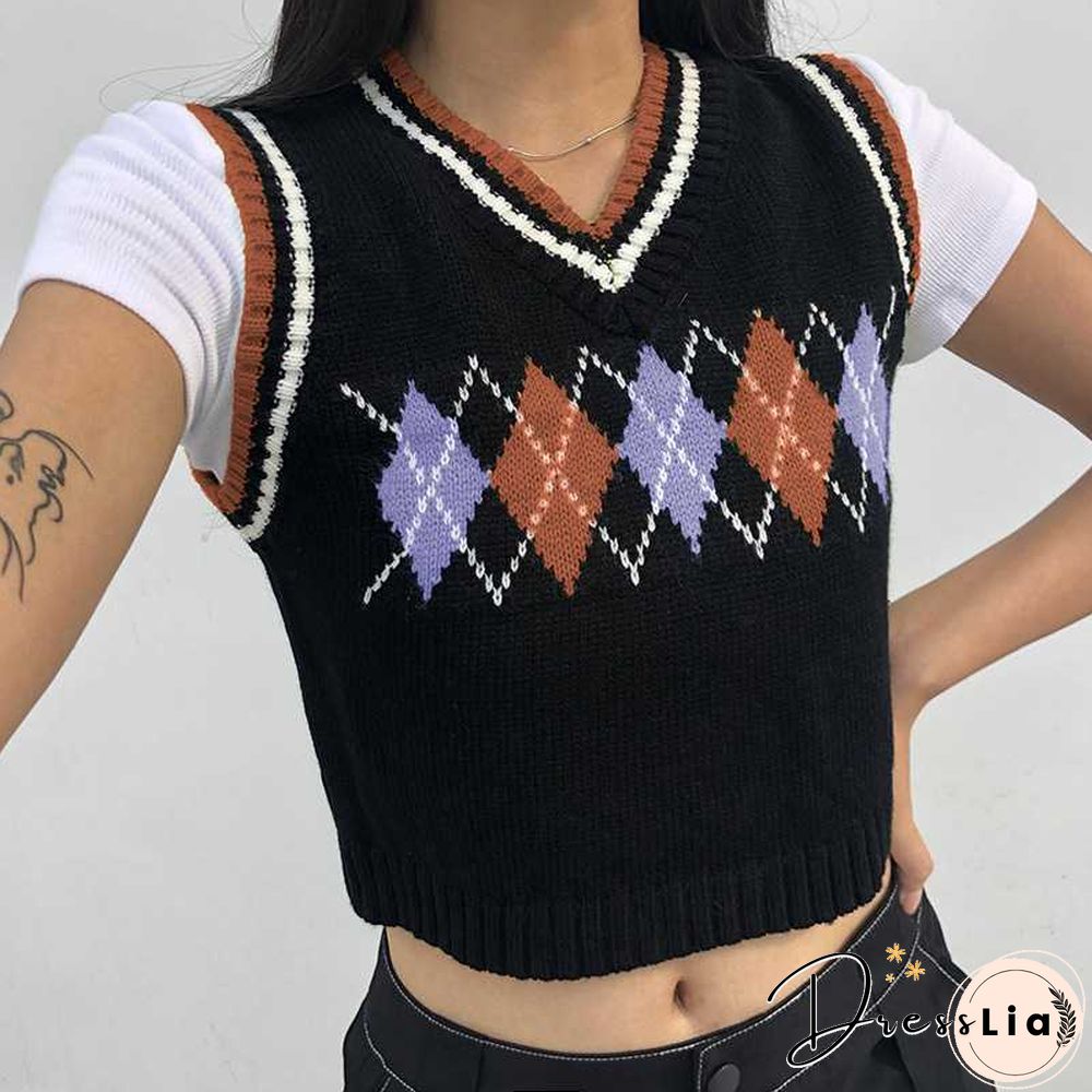 Checkered Cropped Knitted Tank Argyle Sleeveless Jumper