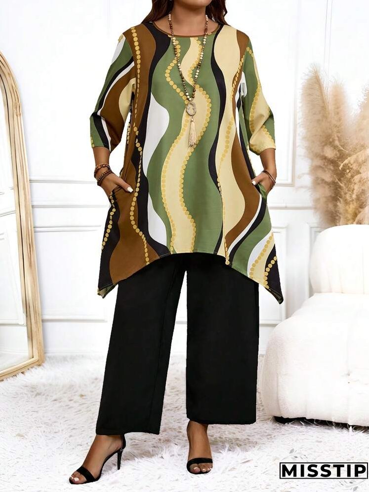 2pcs Plus Size Women Full Print Crew Neck Top With Asymmetric Hem & Solid Color Pants, Casual Set