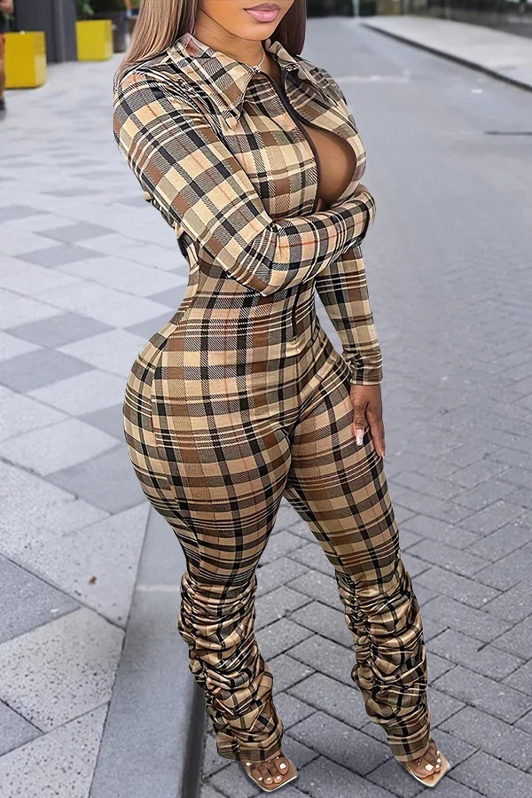 Casual Plaid Printed Lapel Slim Fit Pleated Zipper Jumpsuit