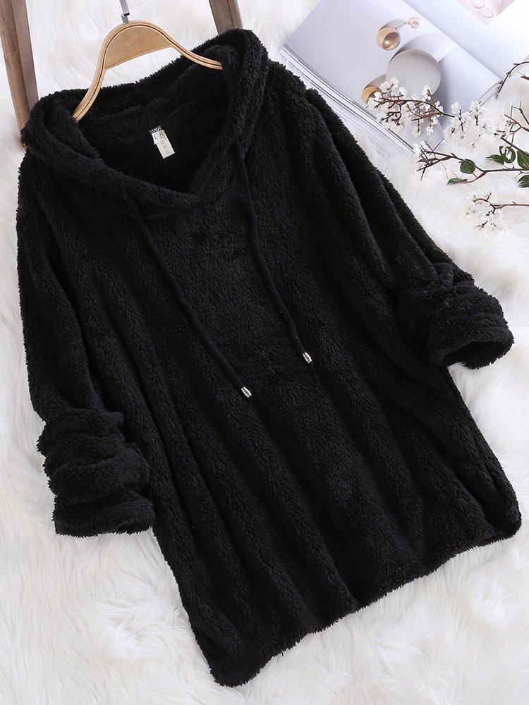 Women Winter a Long Hooded Sweatshirt Mohair Solid Color