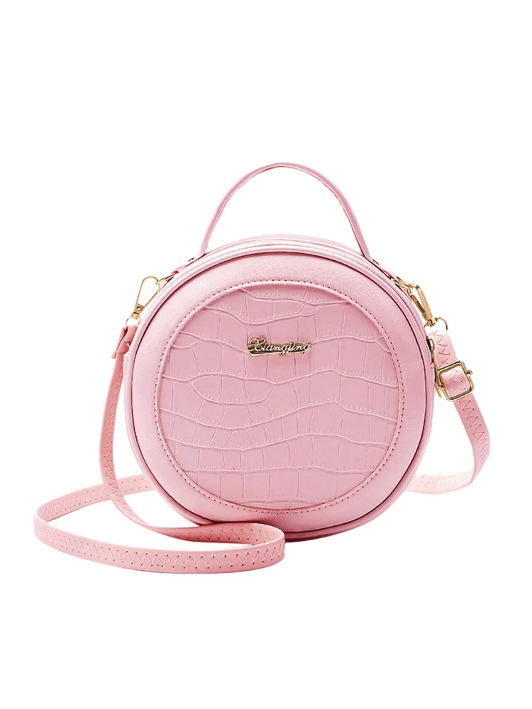 Women Round Shoulder Bag Alligator PU Circle Zip Crossbody Handbag (Pink)