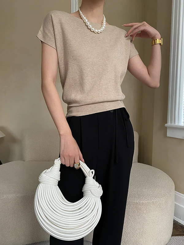 Loose Solid Color Boat Neck Knitwear Pullover