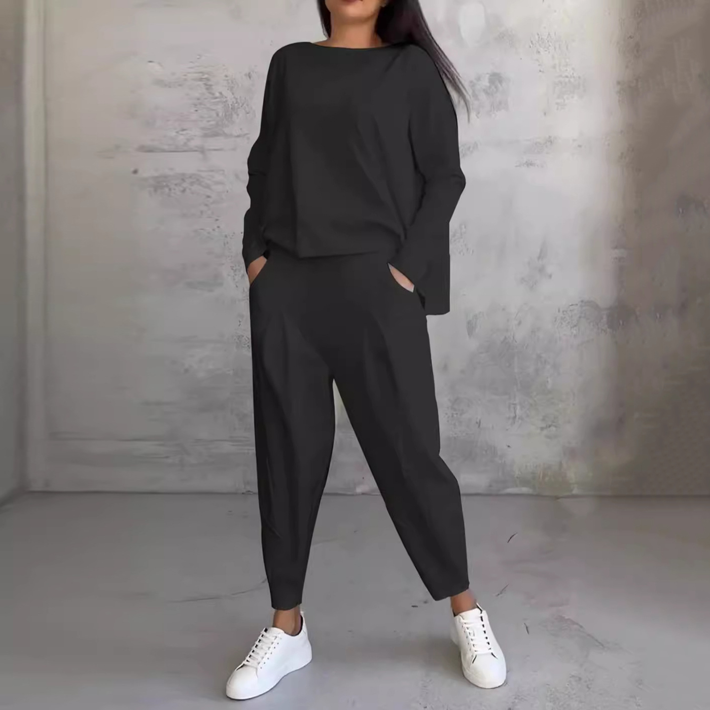 Comstylish Solid Color Casual Sports Round Neck Tops Small Foot Casual Pants Two-Piece Set