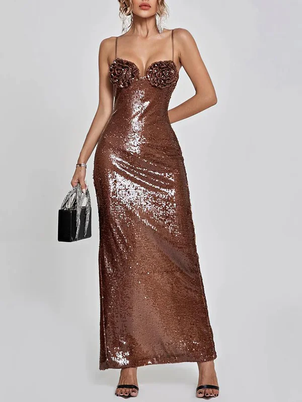 Shiny Sequinned Sleeveless Tube Spaghetti-Neck Maxi Dresses Party Dresses