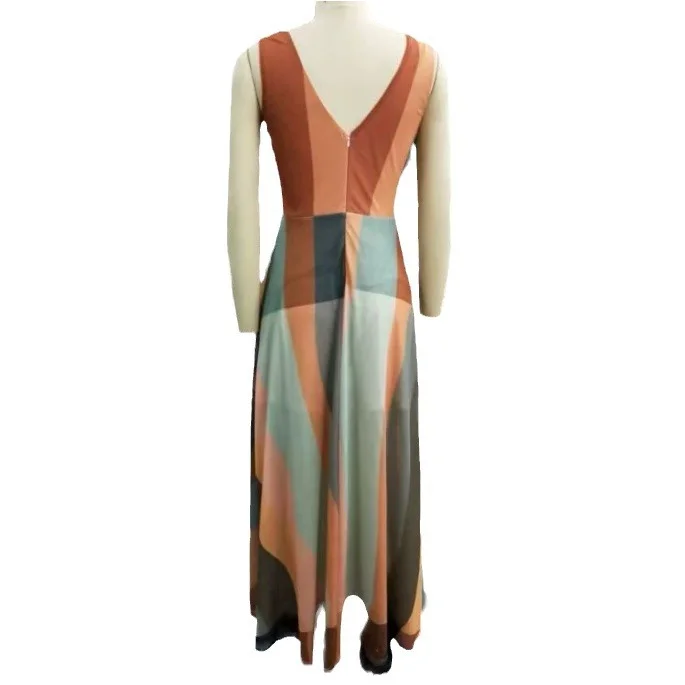 Wongn Wongn Temperament Commuter V Collar Sling Sleeveless Color Color Print Long Waist Dress