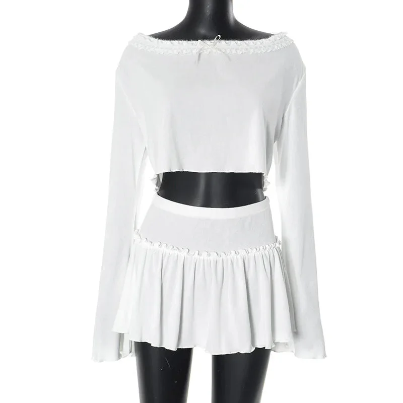 Toloer White Long Sleeve Crop Top And Micro Pleated Mini Skirt Set-Outfit Ideas