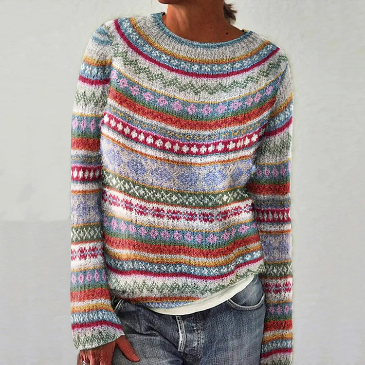 Fairman Island Vintage Pattern Crew Neck Contrast Sweater