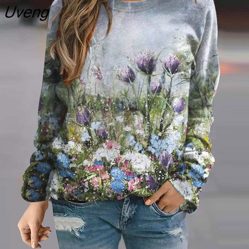 Uveng Women'S 3d Print Oil Painting Floral Sweatshirts Casual O Neck Tops Landscape Print Pullvoer Long Sleeve Shirt Clothes Sudaderas