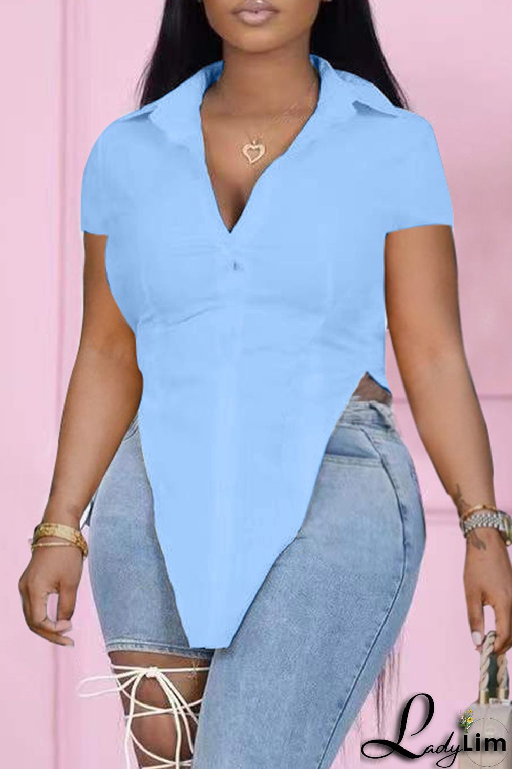 Black Fashion Casual Solid Asymmetrical Turndown Collar Tops