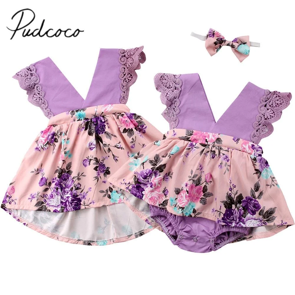 2018 Brand New Newborn Kids Baby Girl Birthday Dress Romper Tutu Dresses Sister Matching Set Flower Lace Sleeveless Outfits 0-6T