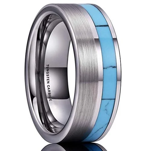 Women's Or Men's Blue Turquoise Inlay Tungsten Carbide Wedding Band Matching Rings,Matte Silver Tone Top - Tungsten Carbide Ring Comfort Fit With Mens And Womens For Width 4MM 6MM 8MM 10MM