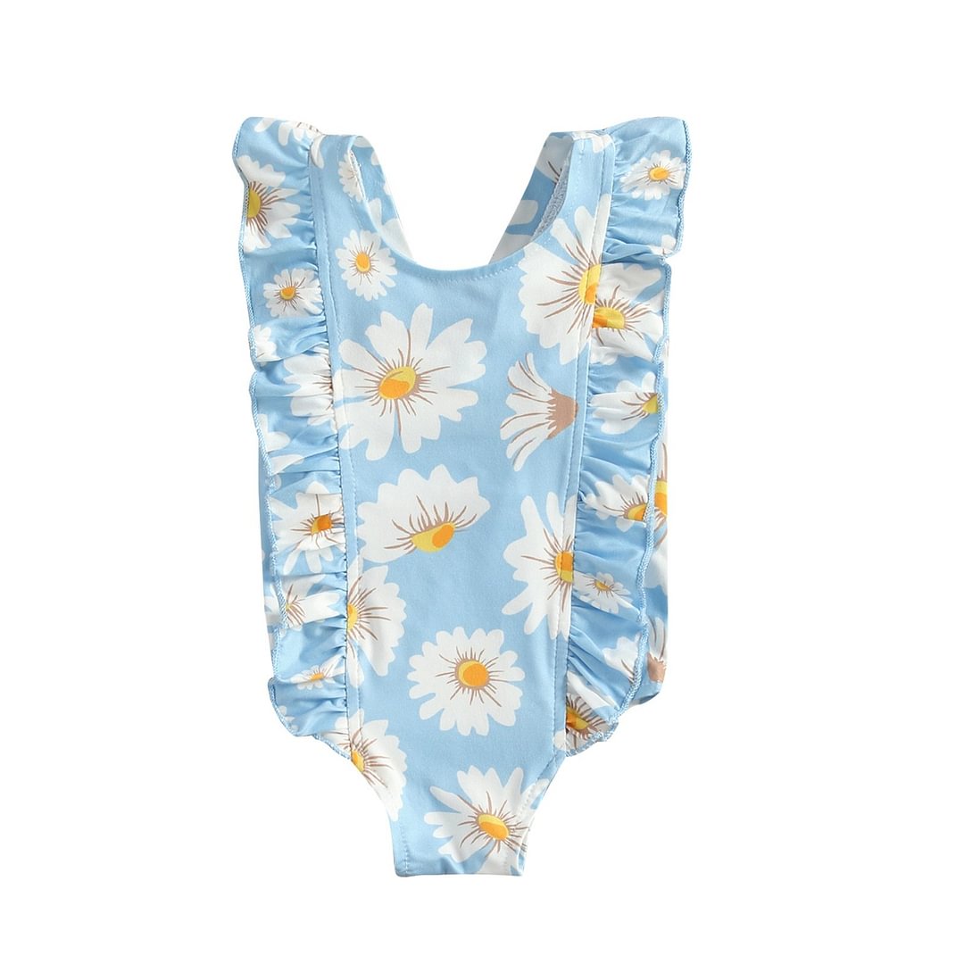 Infant Newborn Girl Sweet Daisy Print One-Piece Swimsuit Fashion Back Bandage Ruffles Sleeveless Swimsuit 6M-5T
