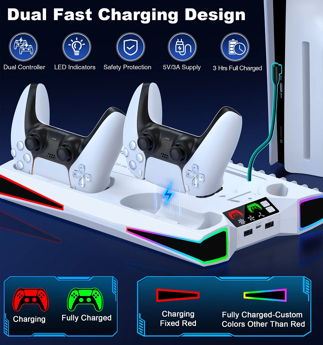 复制PS5 Stand Cooling Station for 2023 PS5 Slim,DinoFire Dual Fast PS5 Controller Charging Station,PS5 Accessories for Sony 2020 PS5 Digital/Disc Console