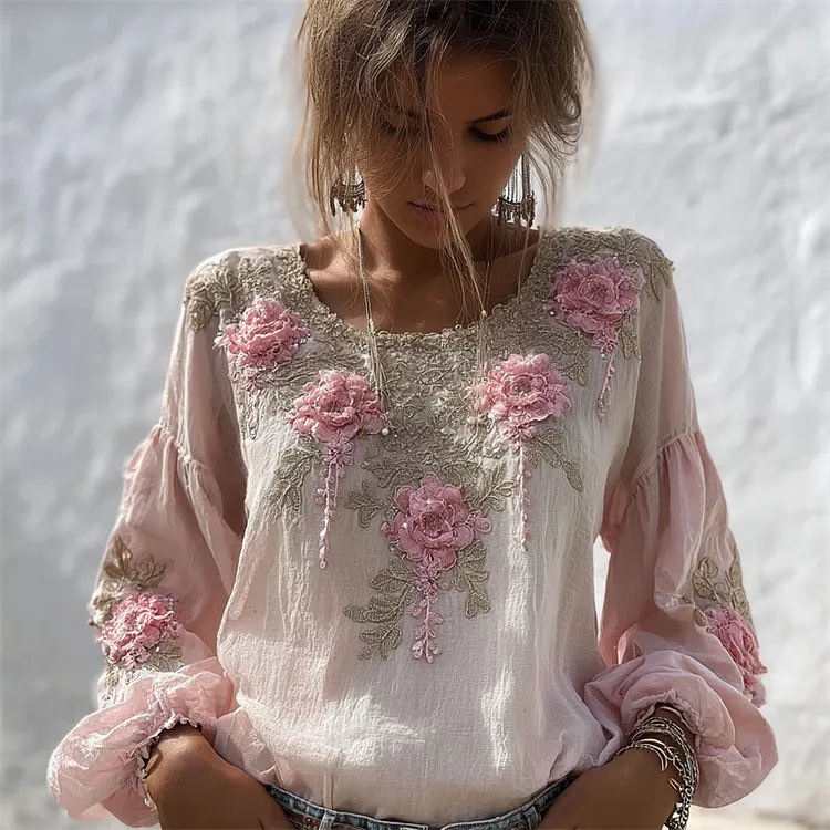 Vintage Pink Flowers Glitter Embroidered Flowy Linen Tunic