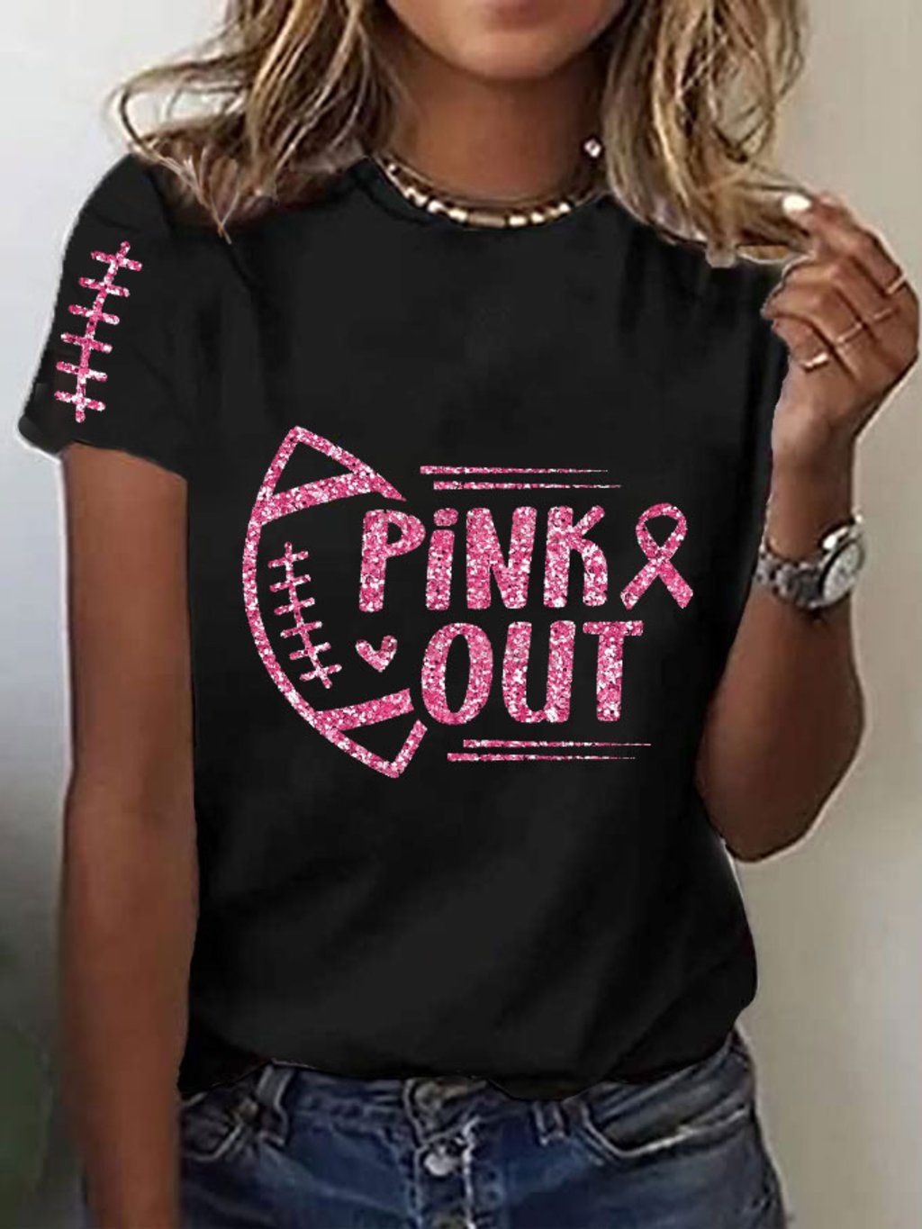 Women's Pink Out Football Breast Cancer Print T-Shirt
