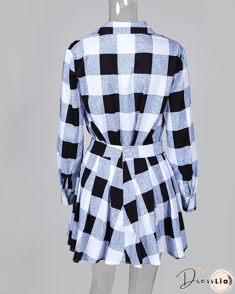 Plaid Colorblock Shirt & Tight Wasit Pleated Skirt Sets
