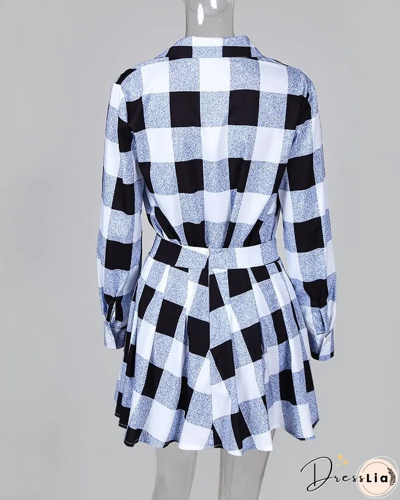 Plaid Colorblock Shirt & Tight Wasit Pleated Skirt Sets