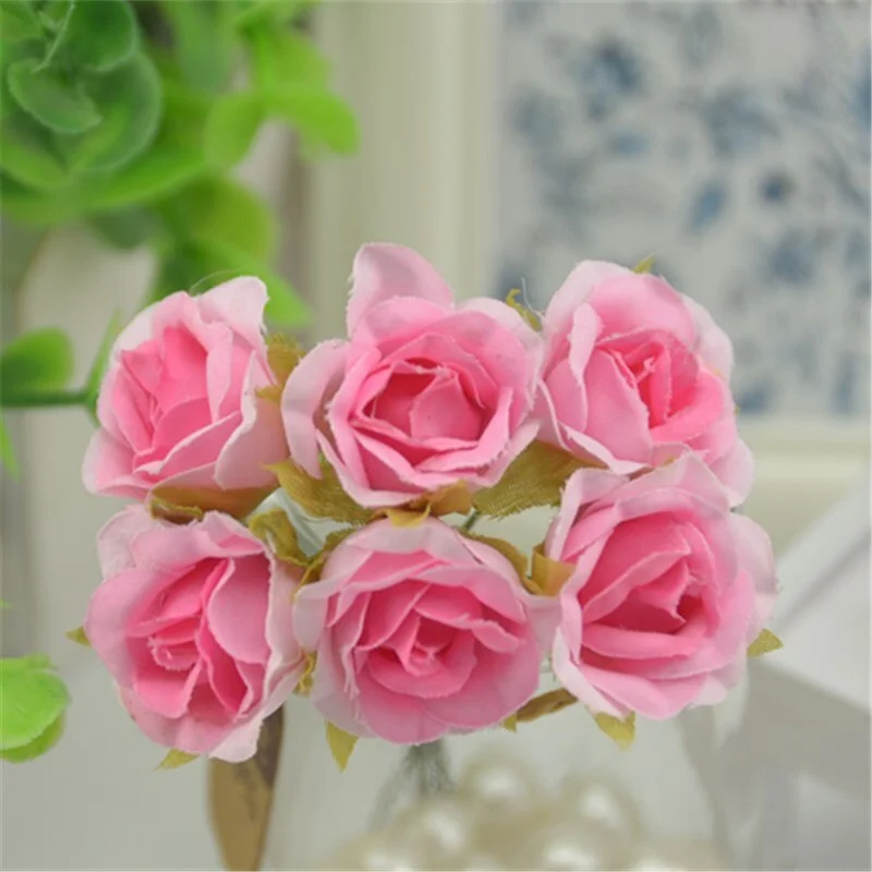 6 pcs/lot Mini Silk Artificial Gradient Rose Flower Bouquet For Wedding Decoration DIY Scrapbooking Fake Flowers Wreath Supplies