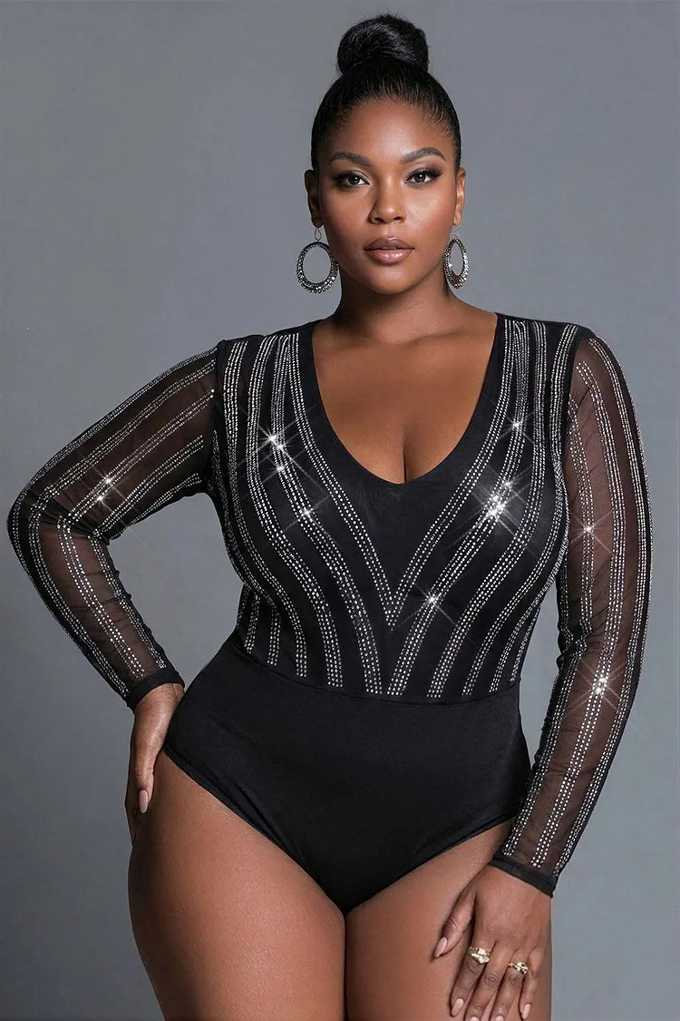 Xpluswear Design Plus Size Party Black V Neck Long Sleeve Drilling See Through Tulle Bodysuits [Pre-Order] 2024 - Xpluswear