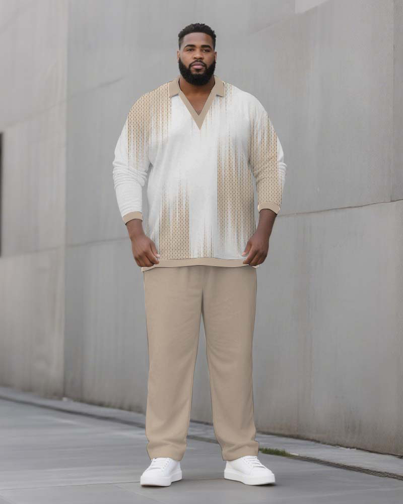 Big & Tall Men's Apricot Stripe Printed POLO V-Neck Long Sleeve Trousers Two-Piece Set