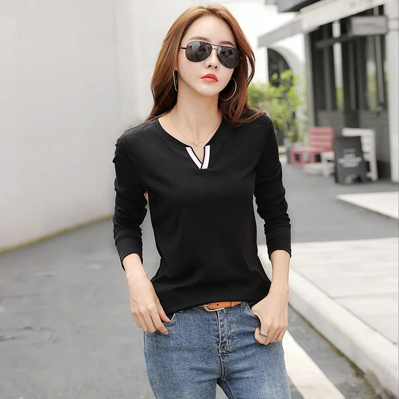 T Shirt Women Tee Tops 2020 New Autumn 95% Cotton Long Sleeve V Neck Female T-Shirt White Casual Basic Classic Clothes