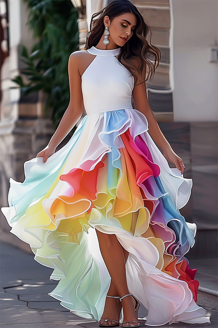 Xpluswear Design Plus Size Vacation Rainbow Halter Collar Ruffle Tulle Maxi Dresses 